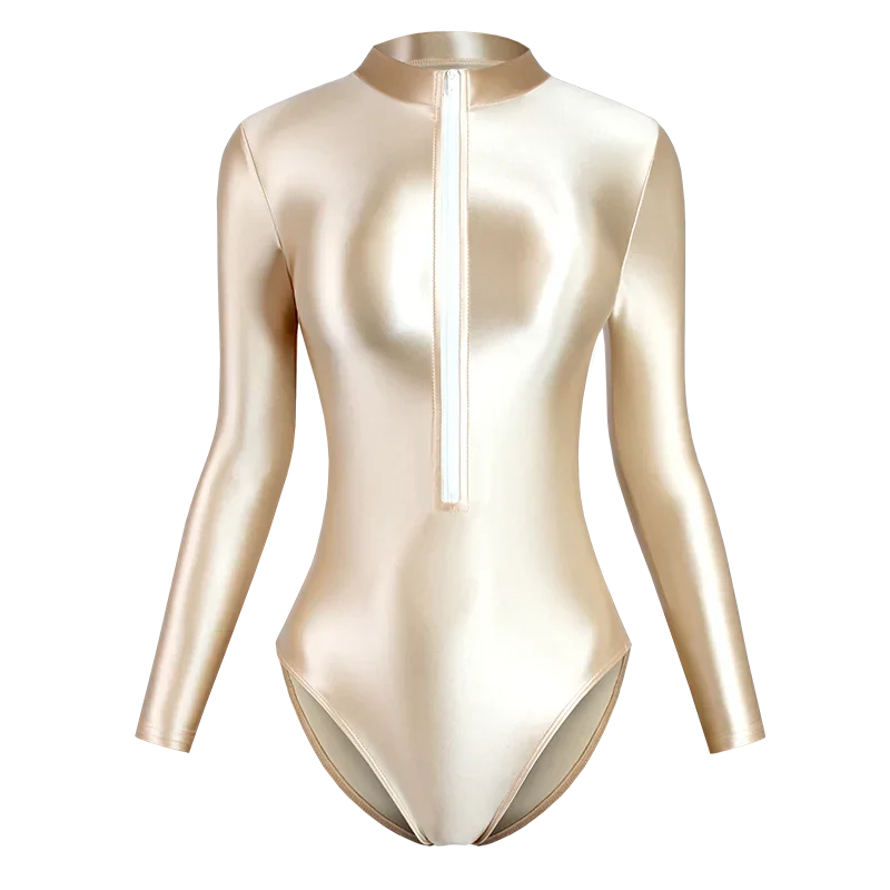 Satin Shiny Japanese Women's Sexy Body Suits Front Zipper Long Sleeve Tight Glossy Silky High Cut One Piece Swimsuit Plus Size