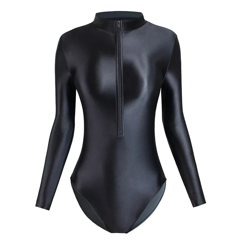 Satin Shiny Japanese Women's Sexy Body Suits Front Zipper Long Sleeve Tight Glossy Silky High Cut One Piece Swimsuit Plus Size