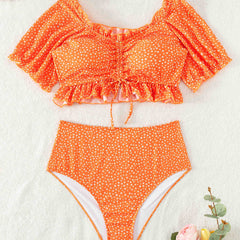 OHITFITS Curvy Women's  Two-piece Ruffle Drawstring Swimsuit