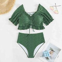OHITFITS Curvy Women's  Two-piece Ruffle Drawstring Swimsuit