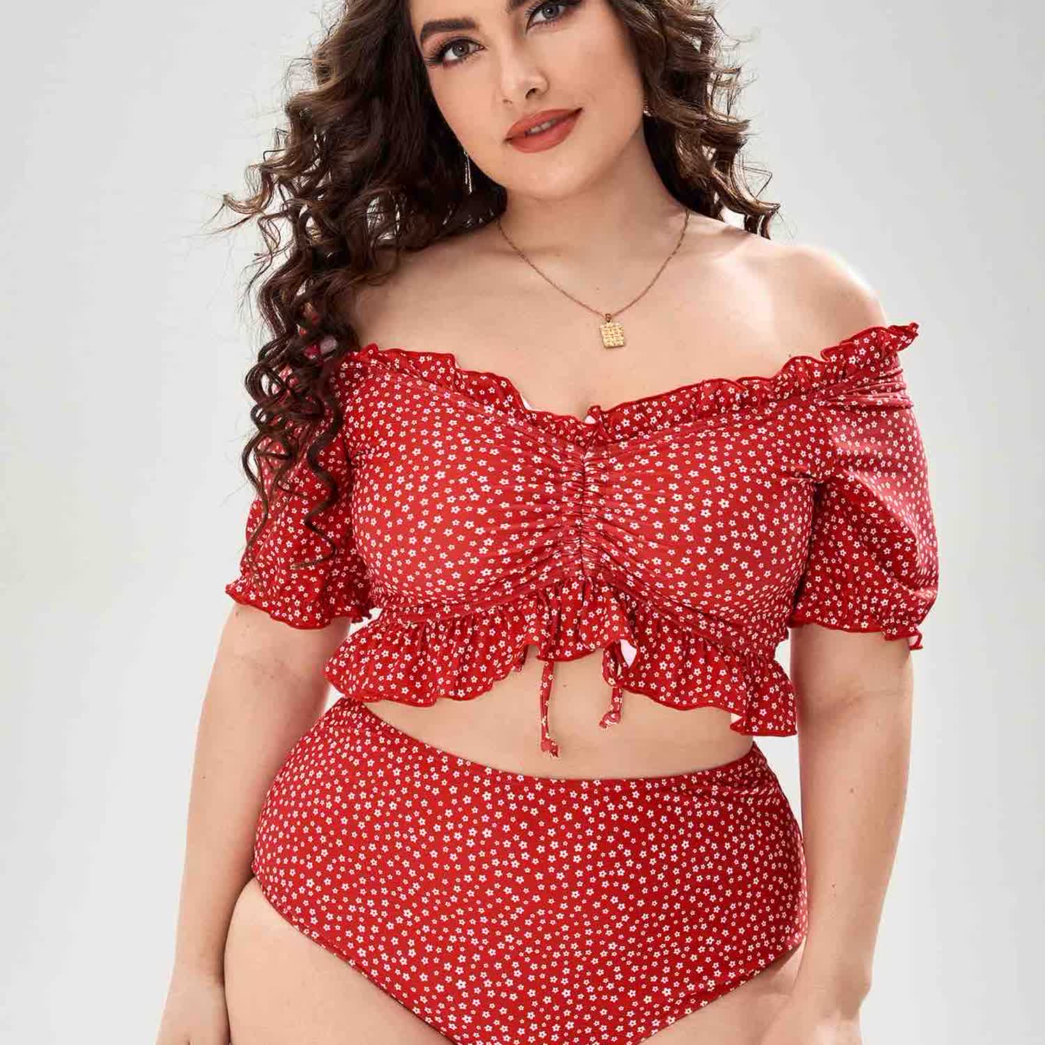 OHITFITS Curvy Women's  Two-piece Ruffle Drawstring Swimsuit
