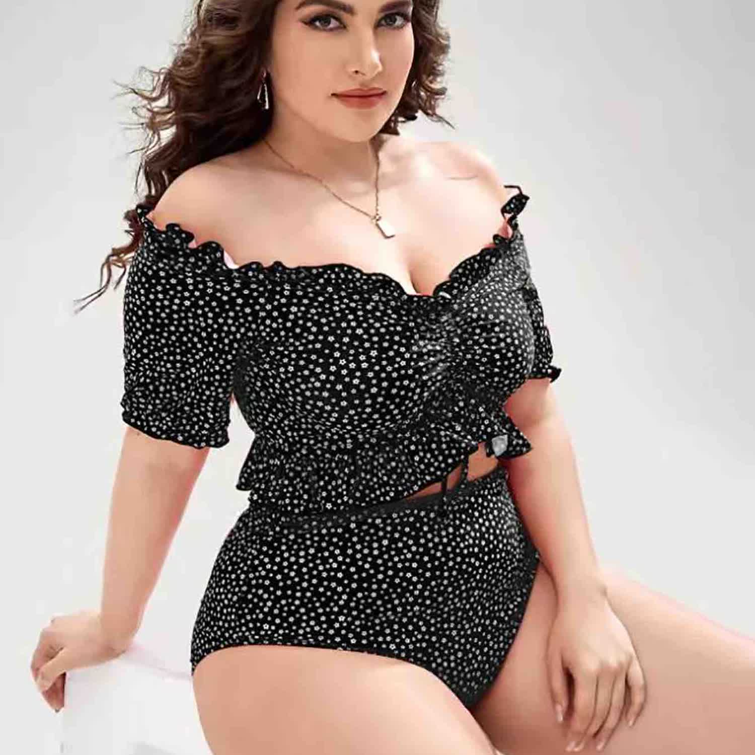 OHITFITS Curvy Women's  Two-piece Ruffle Drawstring Swimsuit