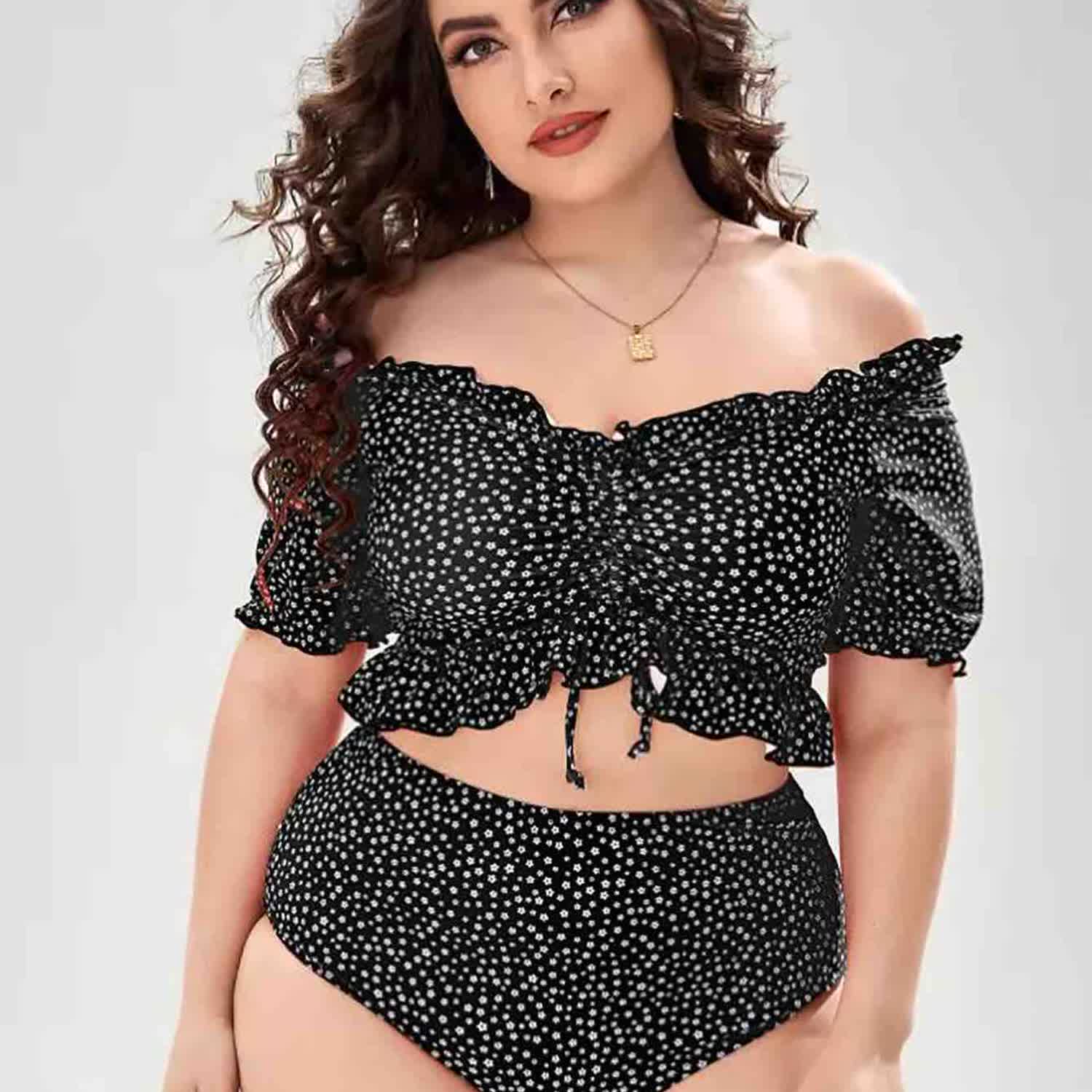 OHITFITS Curvy Women's  Two-piece Ruffle Drawstring Swimsuit