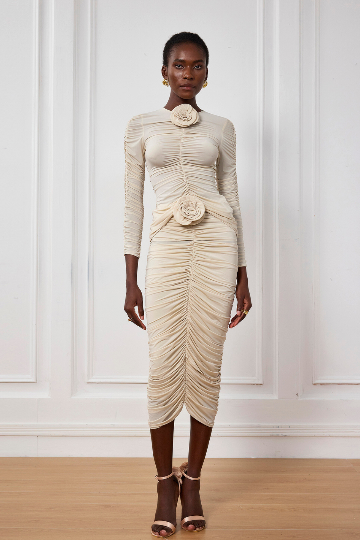 Kenia Flower Ruch Mesh Midi Skirt