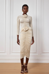 Kenia Flower Ruch Mesh Midi Skirt