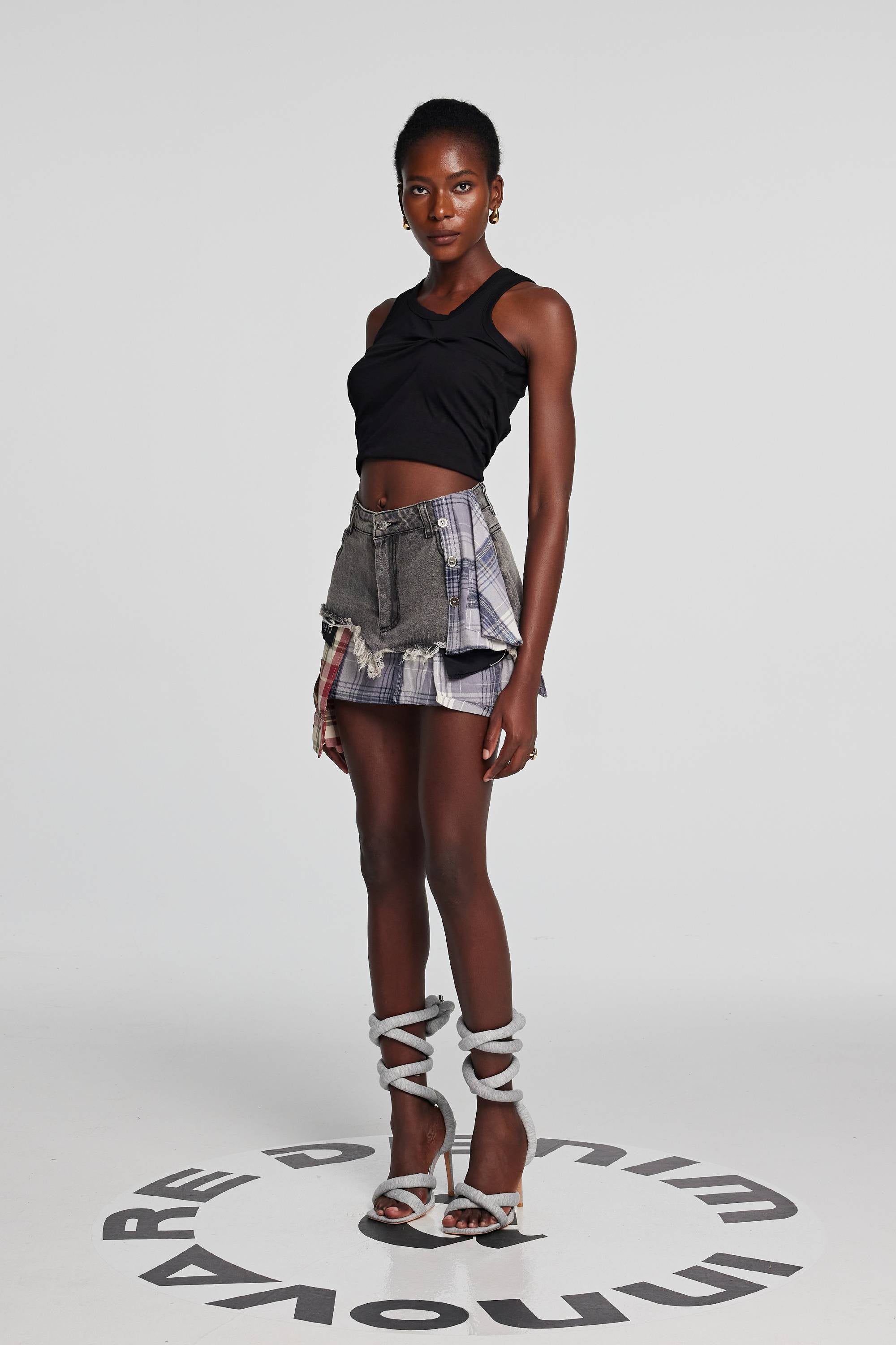 Kenna Grid Deconstruct Patchwork Mini Skirt In Black