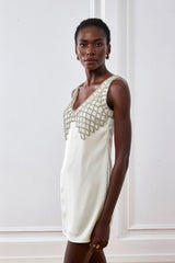Ledini V Neck Crystal Mini Dress In White