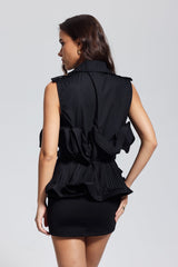 Lilia Ruffle Ruch Lace Up Vest In Black