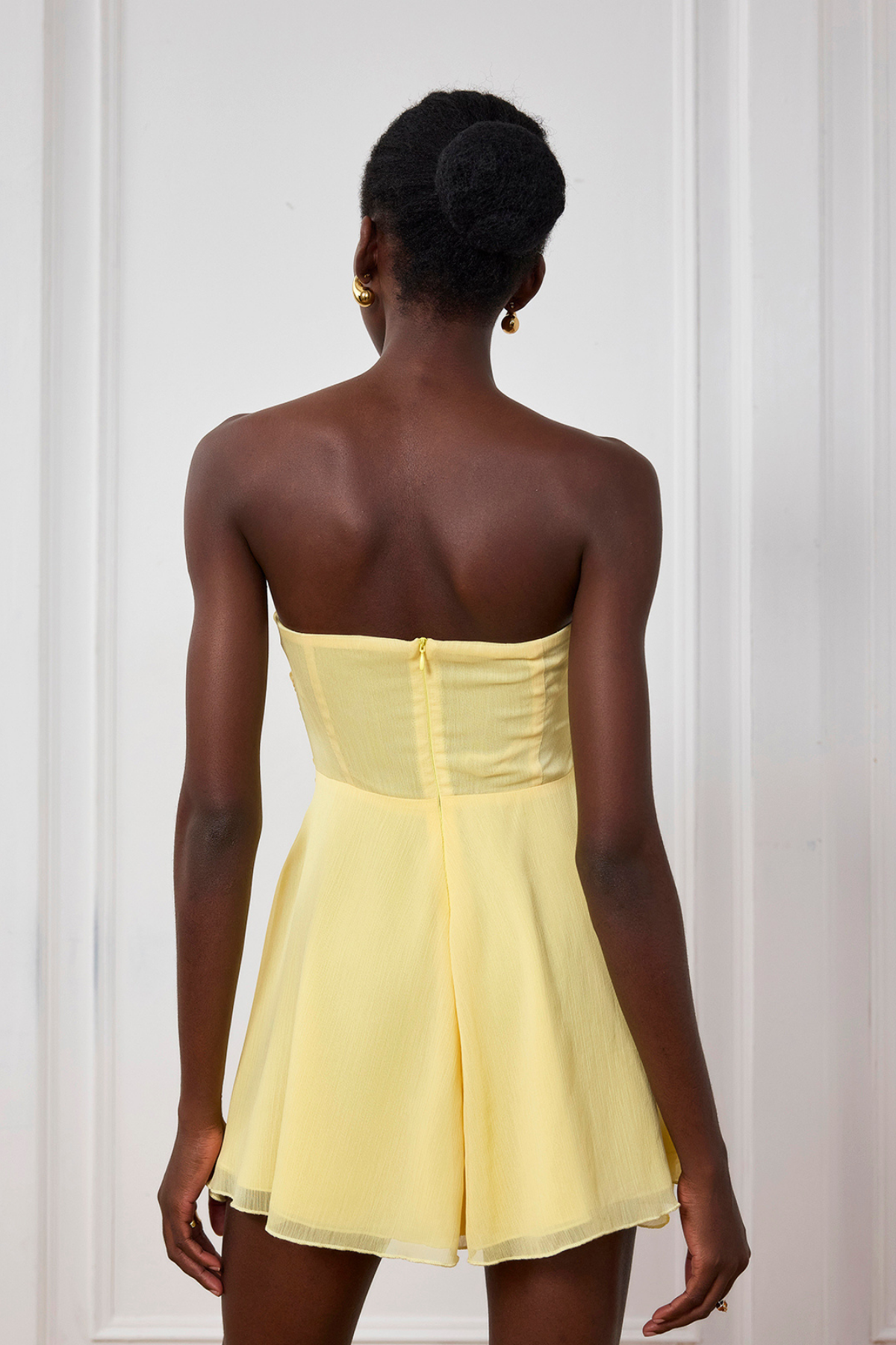 Nyra Mesh Cutout Ruffle Mini Dress In Yellow