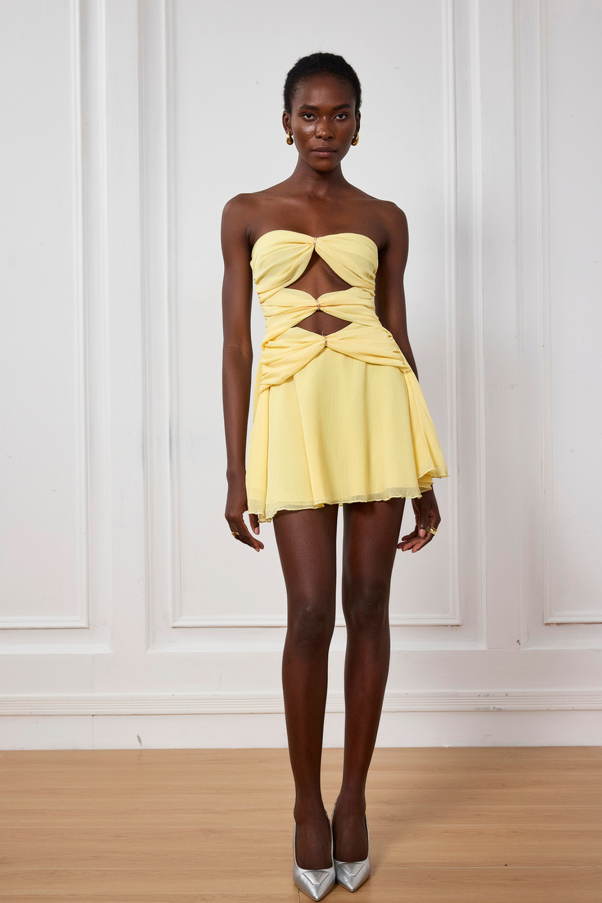 Nyra Mesh Cutout Ruffle Mini Dress In Yellow