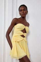 Nyra Mesh Cutout Ruffle Mini Dress In Yellow