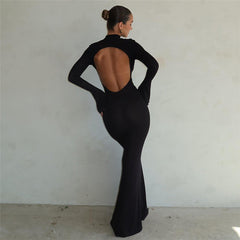 Women's Fashion Round Neck Long Sleeve Sexy Backless Slim Fit Dress