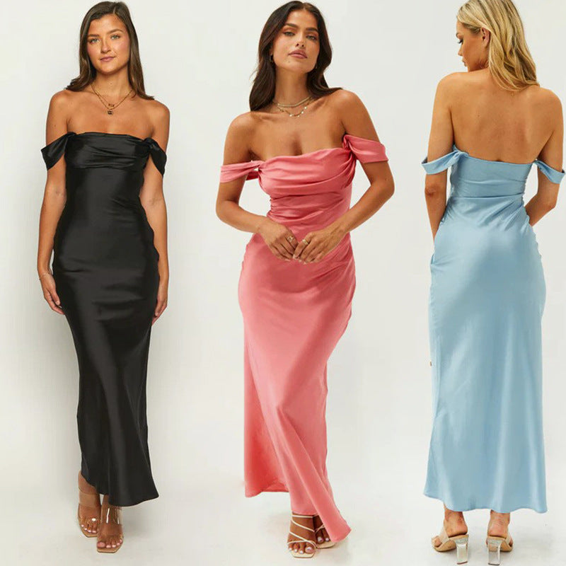 HANNAH - SATIN SOLID OFF SHOULDER MAXI DRESS