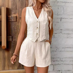 Élise Solid Color Casual Vest Shorts Set