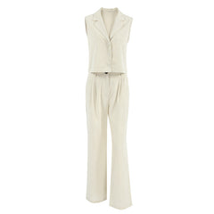 Women's Khaki Cotton And Linen Sleeveless Vest Trousers Two-piece Set