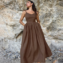 Darla Cotton Linen Brown Aesthetic and Beige Aesthetic Sundress