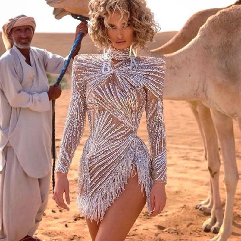 Ablina Dyla Silver Fringed Feather Sequin Mini Dress