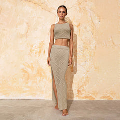 Zara Solid Color Knitted Hollow Crop Top and Maxi Skirt Set