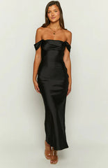 HANNAH - SATIN SOLID OFF SHOULDER MAXI DRESS