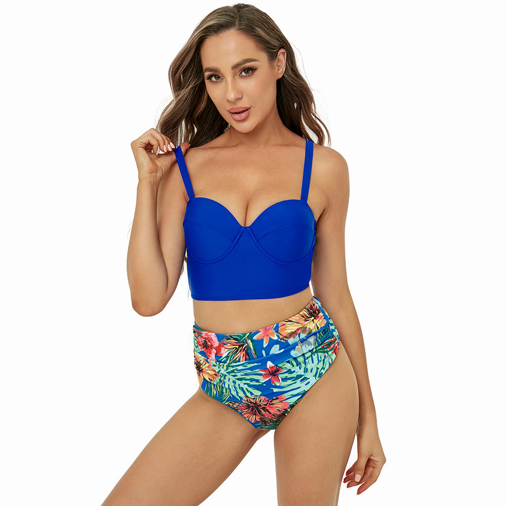 Solid Color Backless High Waist Triangle Split Bikini