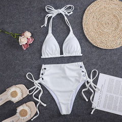 High Waist Split Halter Triangle Cup Bikini Swimsuit