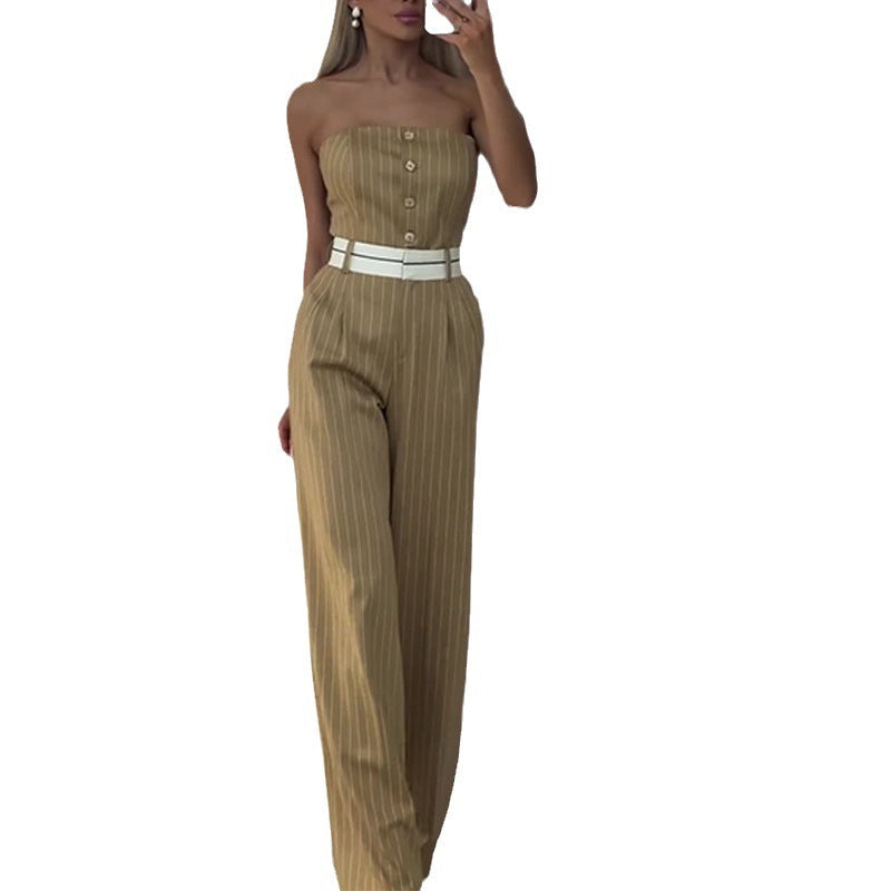 Summer Tube Top High Waist Jumpsuit Off Shoulder Striped Wide-leg Pants Women