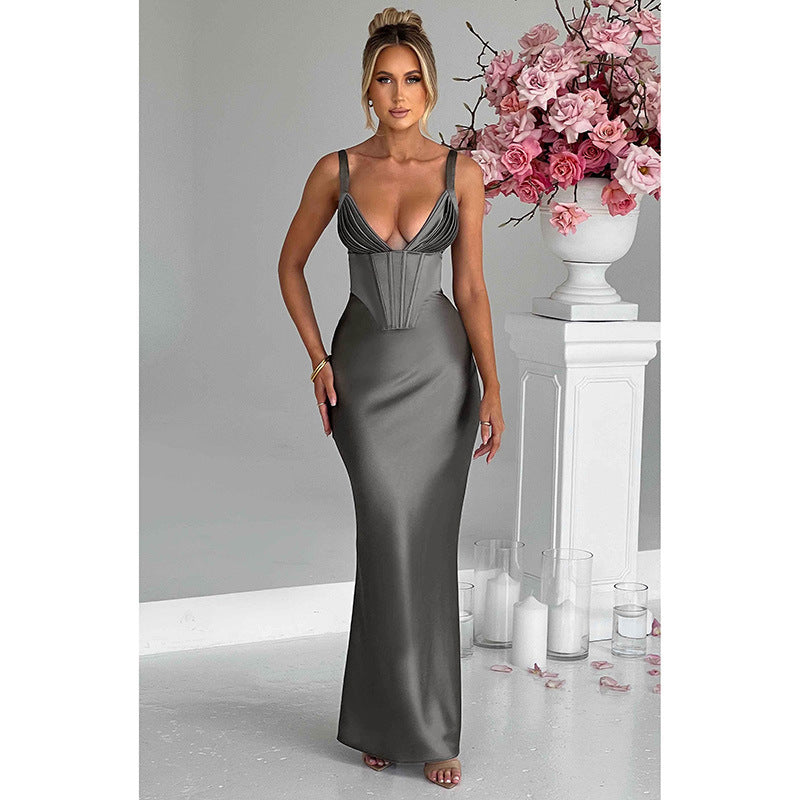 Elara Satin Deep V Slim Strap Maxi Dress