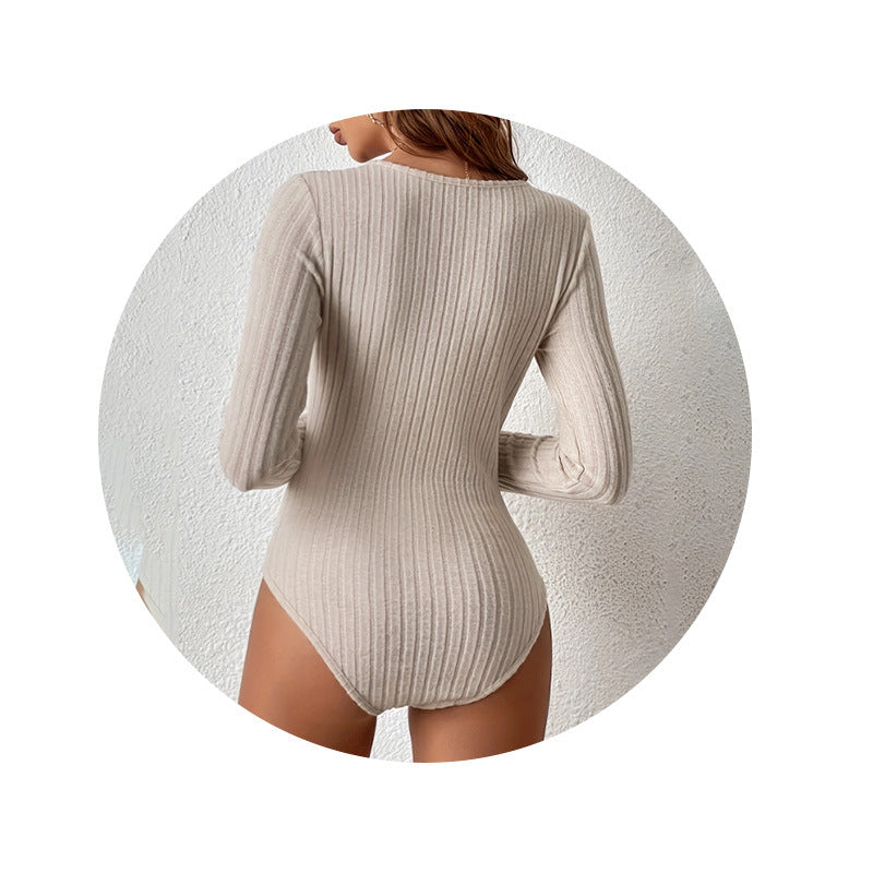 V-neck Long Sleeve Sunken Stripe One-piece Autumn And Winter Women