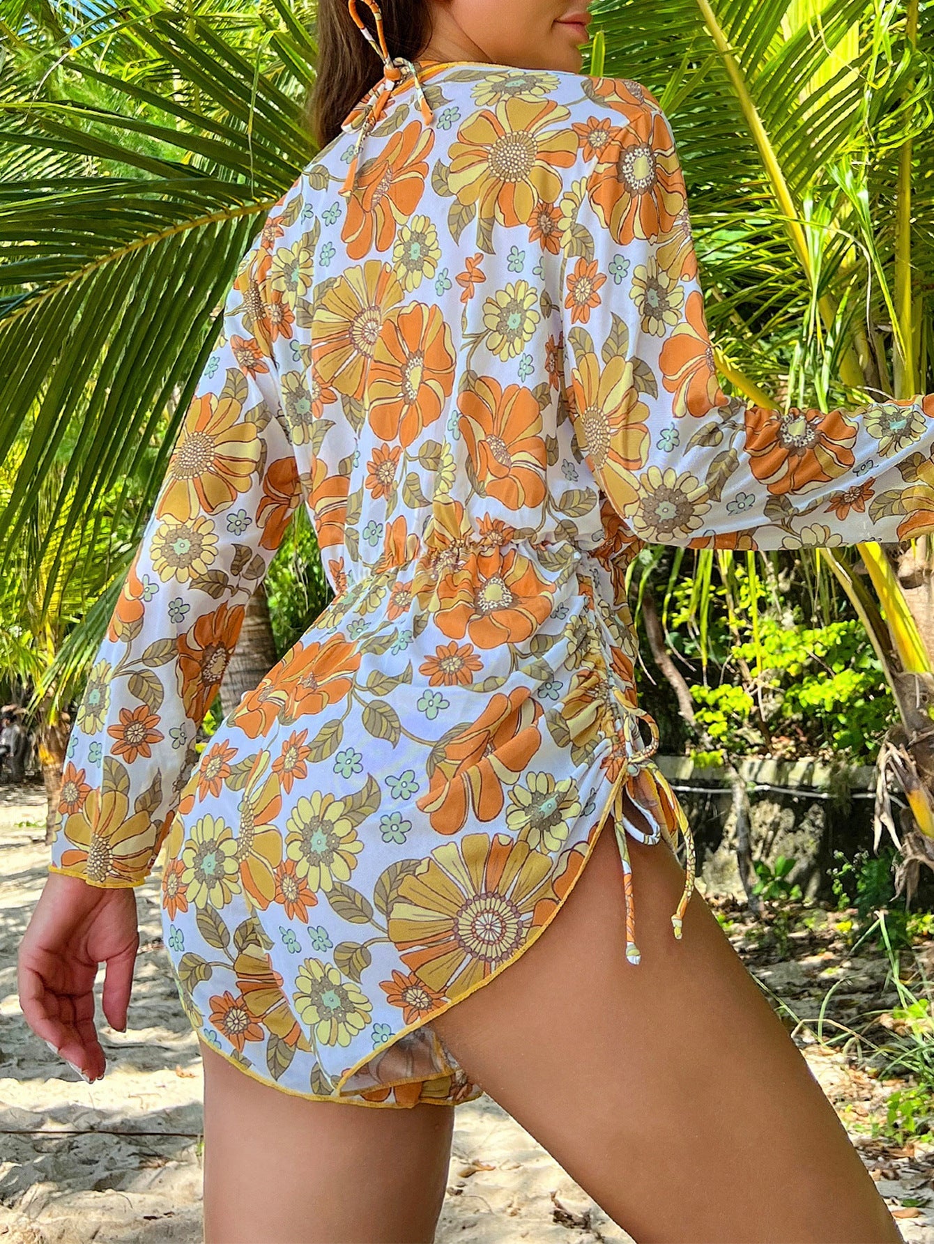 Lace-Up Printed Bikini Sexy Split Swimsuit with Chest Pad