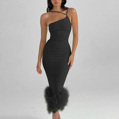 Women's One-shoulder Halter Fur Dress Dress