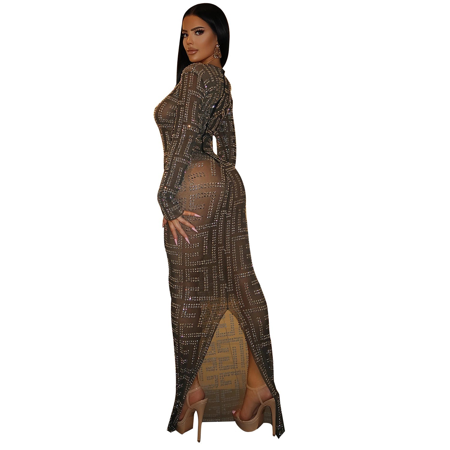 Women's Fashion Mesh Rhinestone Long-sleeved Dress