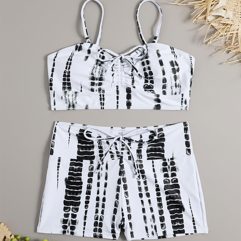 Split High Waist Boxer Lace Printing Swimsuit