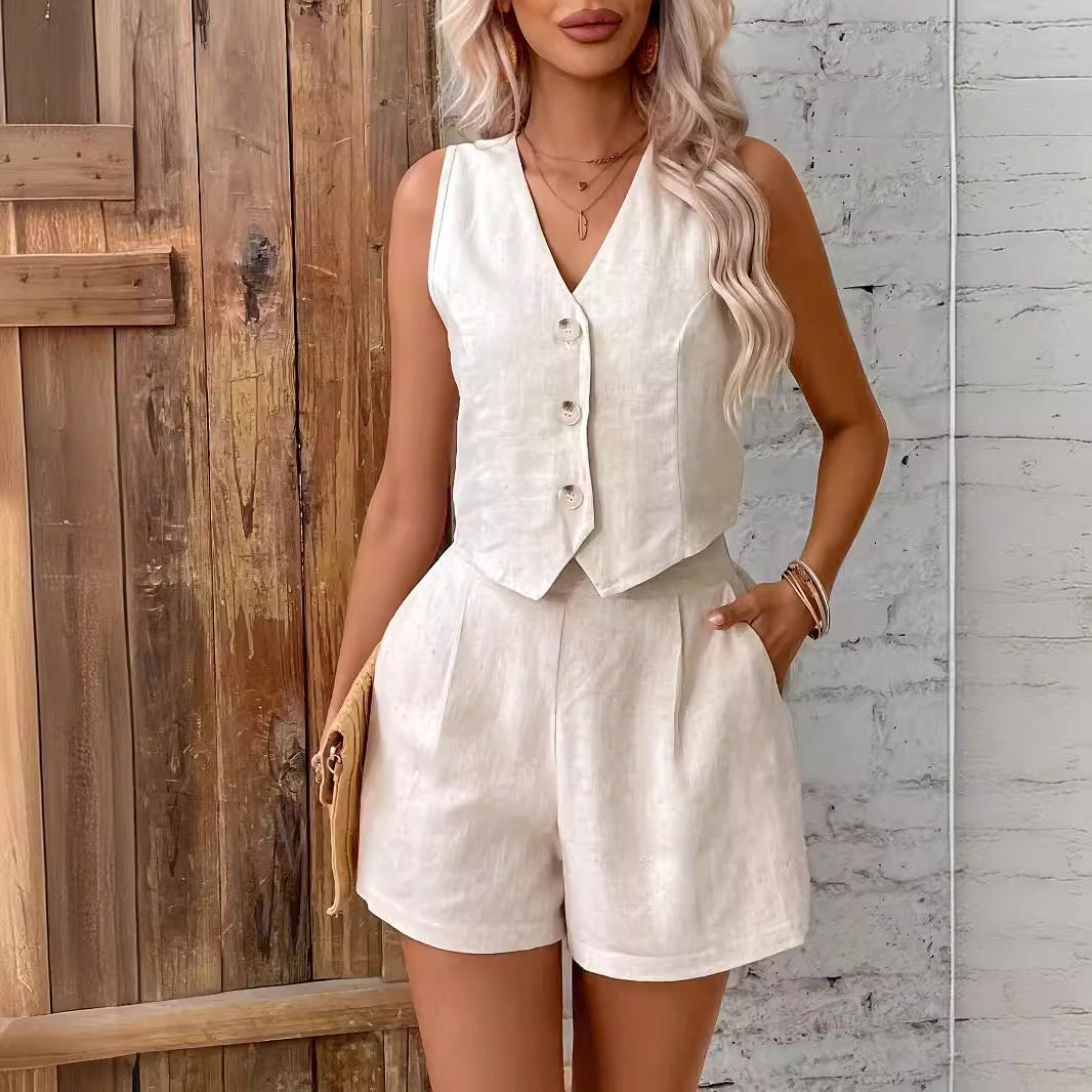 Élise Solid Color Casual Vest Shorts Set