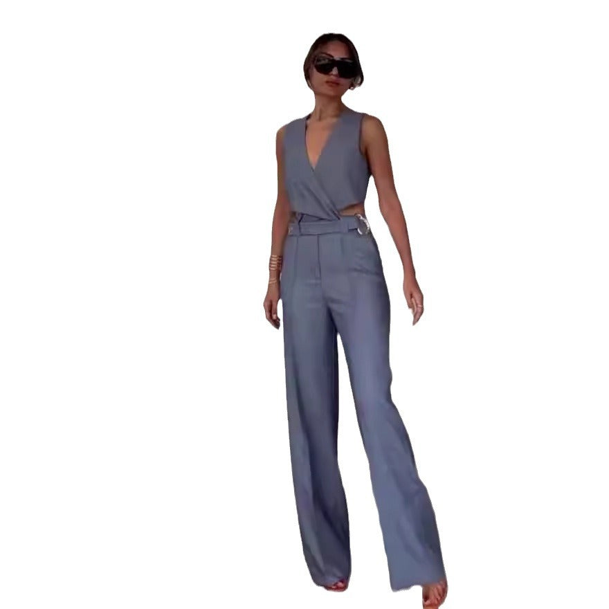 Women's Fashion Cross Slim Sleeveless Vest High Waist Wide Leg Pants Suit