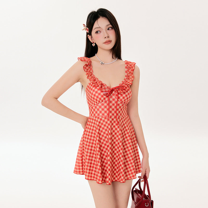 Ruffle Neck Jacquard Plaid Short Dress