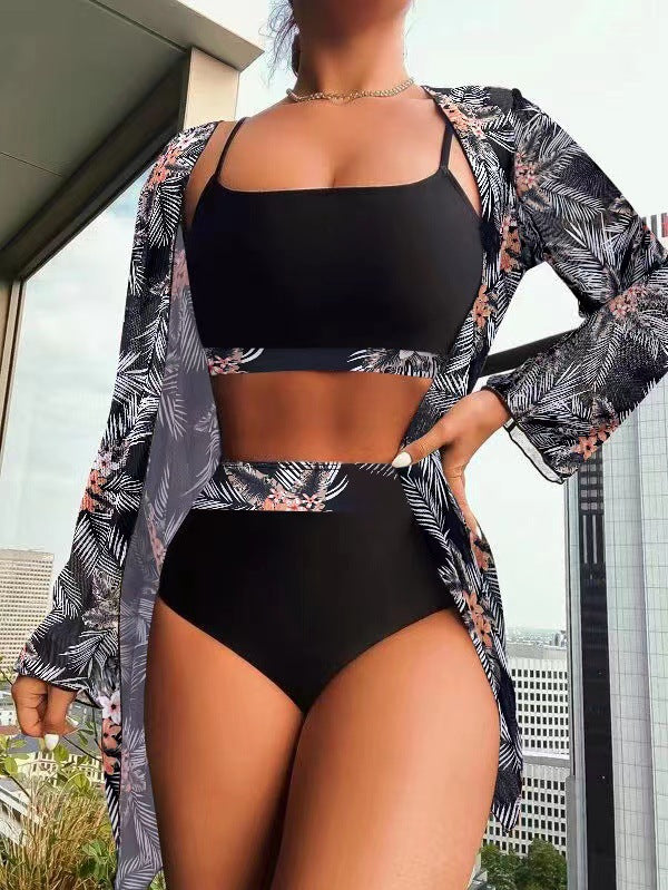 Ethnic Maple Leaf  Printed Long Sleeve Swimming Set