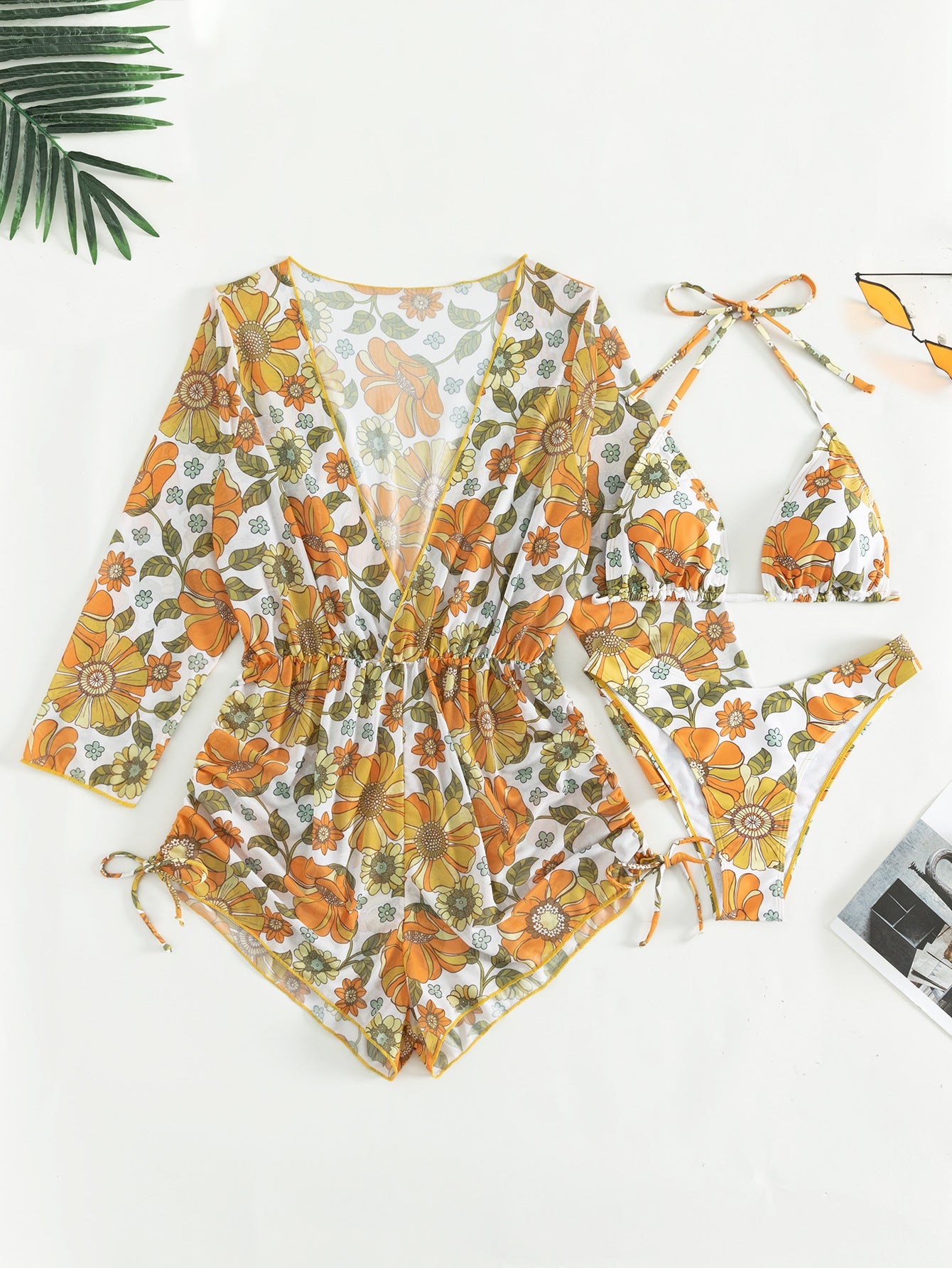 Lace-Up Printed Bikini Sexy Split Swimsuit with Chest Pad