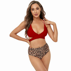 Leopard Split High Waist Halter Bikini