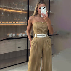 Summer Tube Top High Waist Jumpsuit Off Shoulder Striped Wide-leg Pants Women