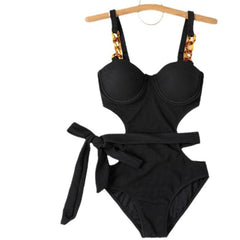 Underwire Wrap Around Gold Chain One Piece Swimsuit - Black/Cream