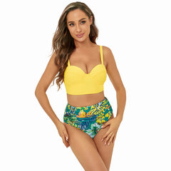 Solid Color Backless High Waist Triangle Split Bikini