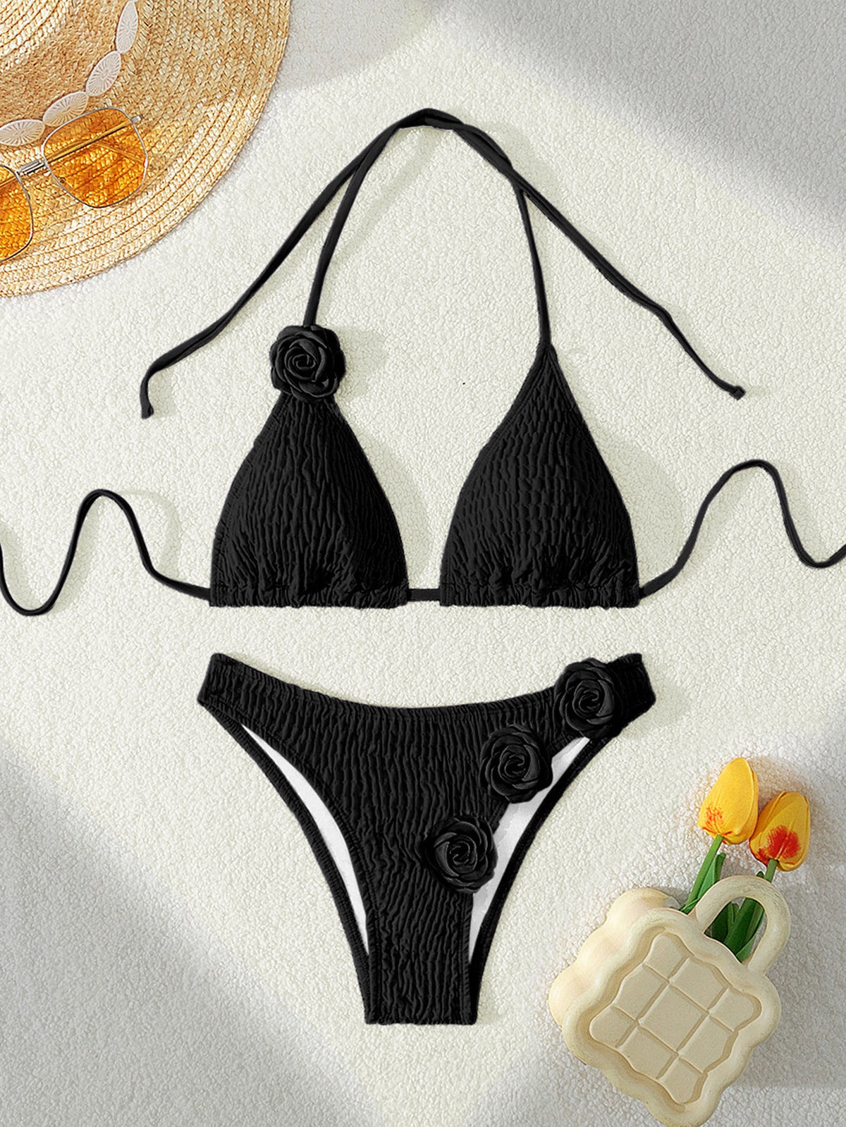 Bandage 3D Floral Split Swimsuit Sexy Beachwear