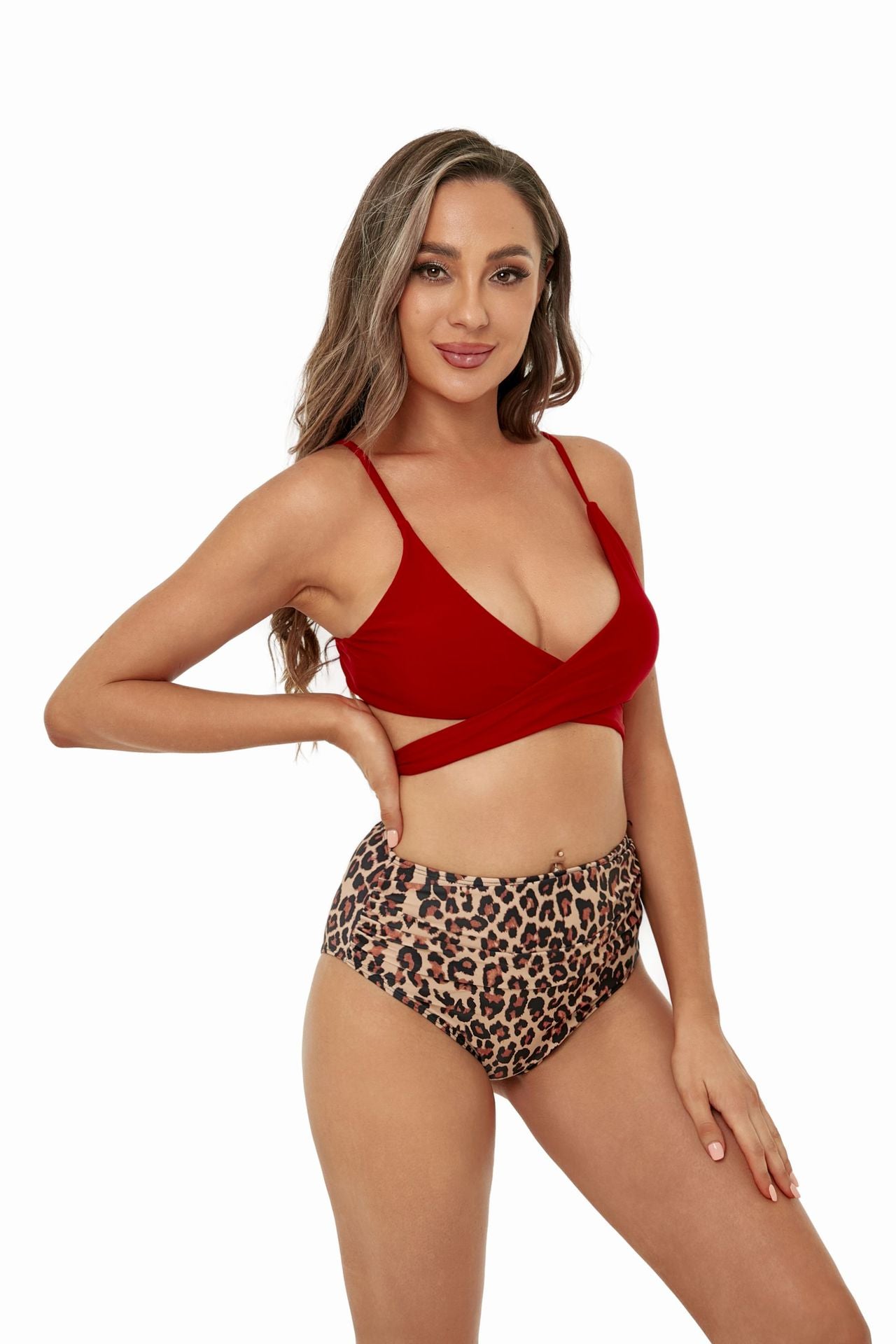 Leopard Split High Waist Halter Bikini