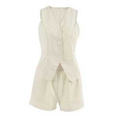 Women's Khaki Cotton Linen V-neck Sleeveless Waistcoat Vest Shorts Casual Suit