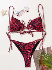 Pleated Leopard Print Split Bikini Belly Cover Swimsuit