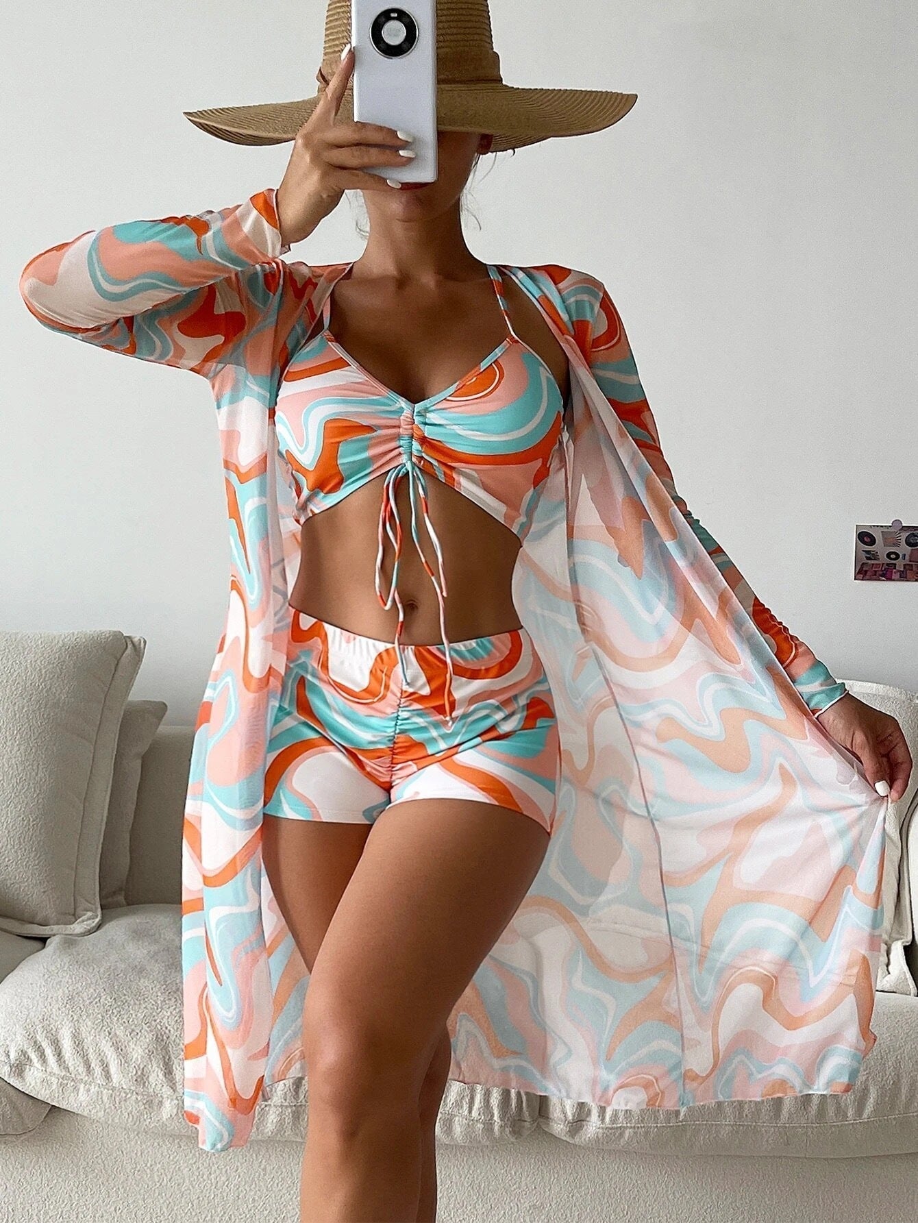 Three Piece Suit High Waist Long Sleeves Blouse Swimsuit