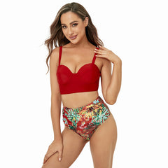 Solid Color Backless High Waist Triangle Split Bikini