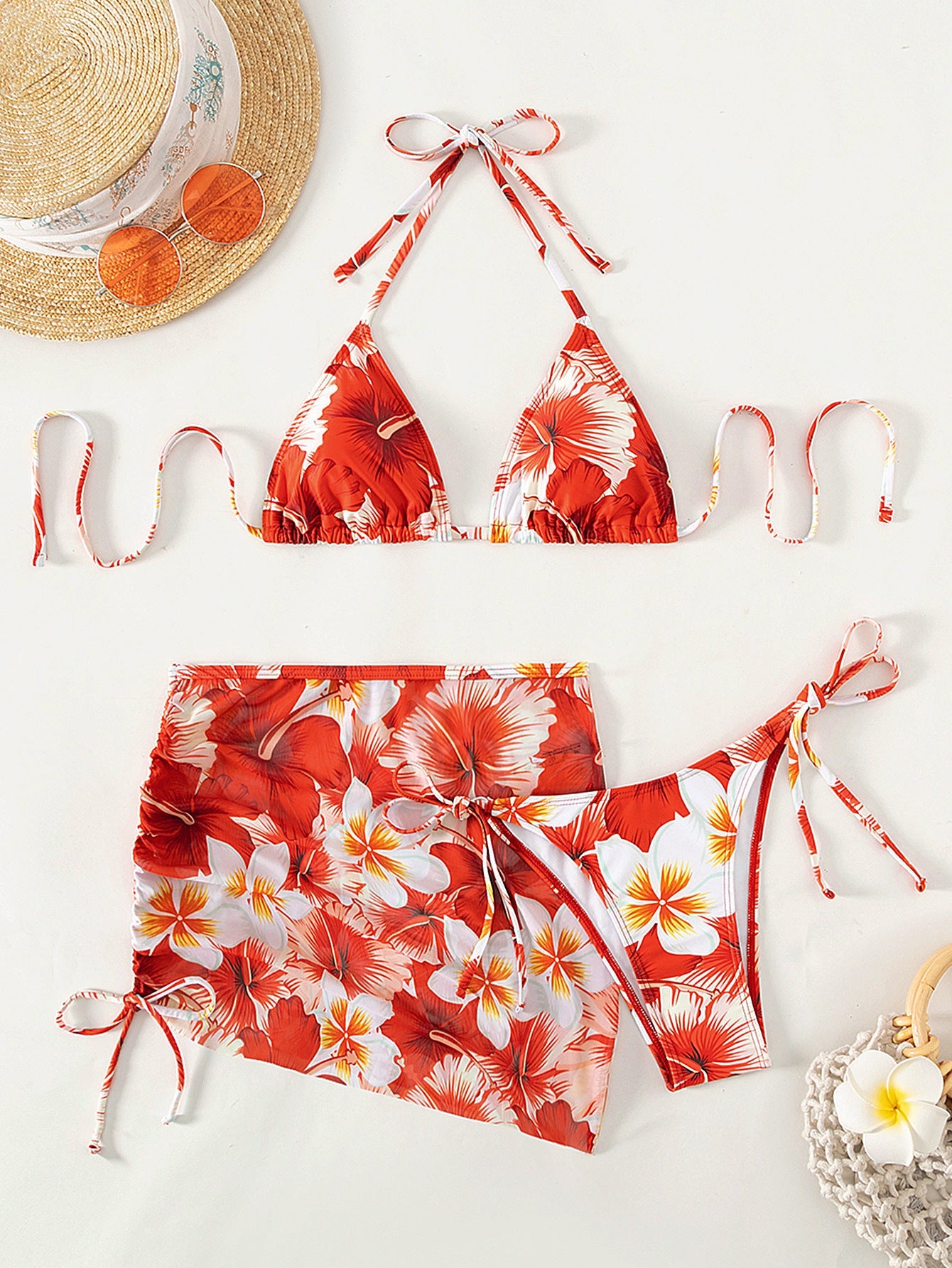 Printed Lace-Up Split Three-Piece Swimsuit Bikini with Gauze Skirt