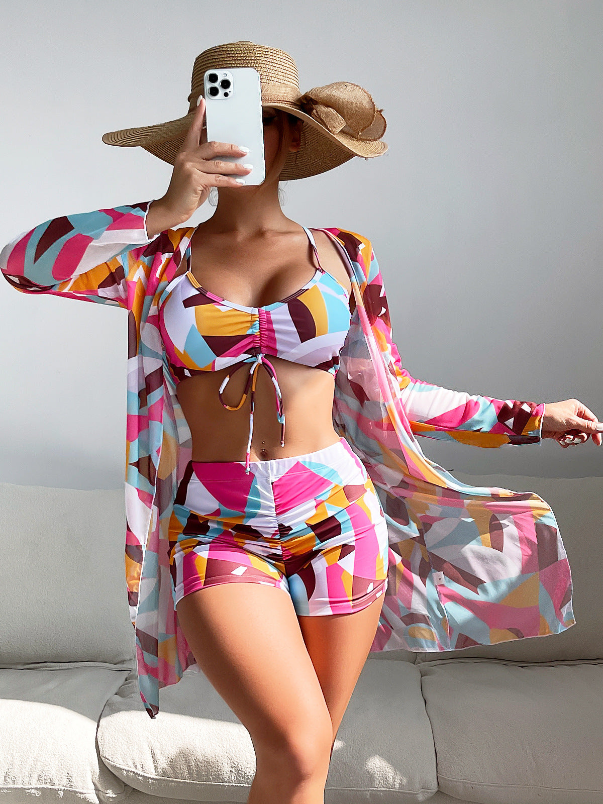 Three Piece Suit High Waist Long Sleeves Blouse Swimsuit