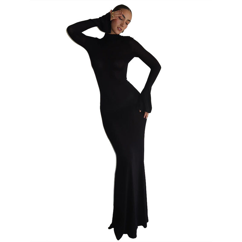 Women's Fashion Round Neck Long Sleeve Sexy Backless Slim Fit Dress